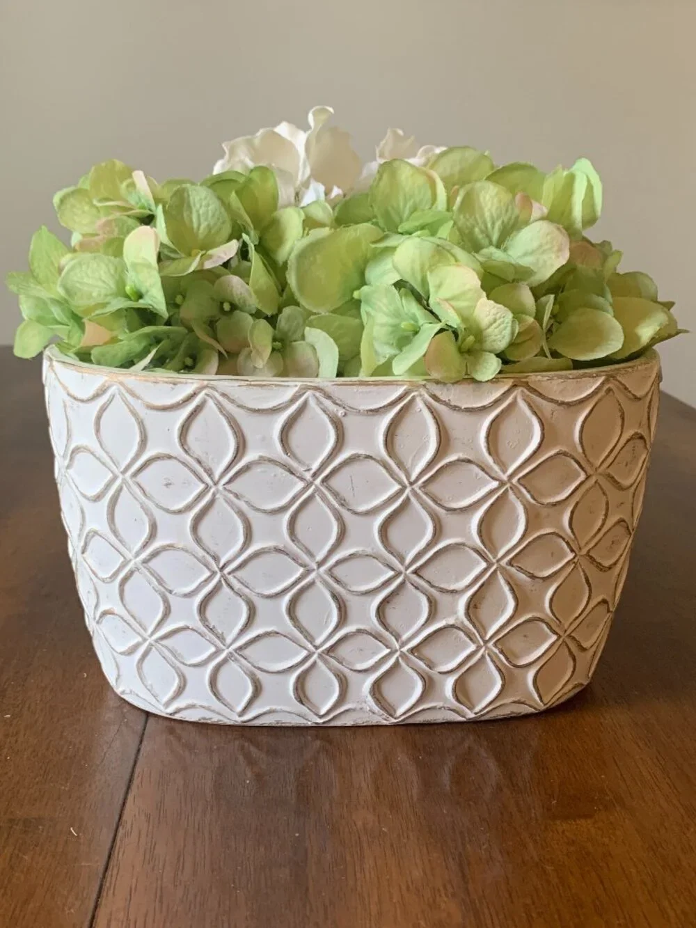 White Off-White Distressed Oval Ceramic Planter Pot Raised Geometric Pattern 10